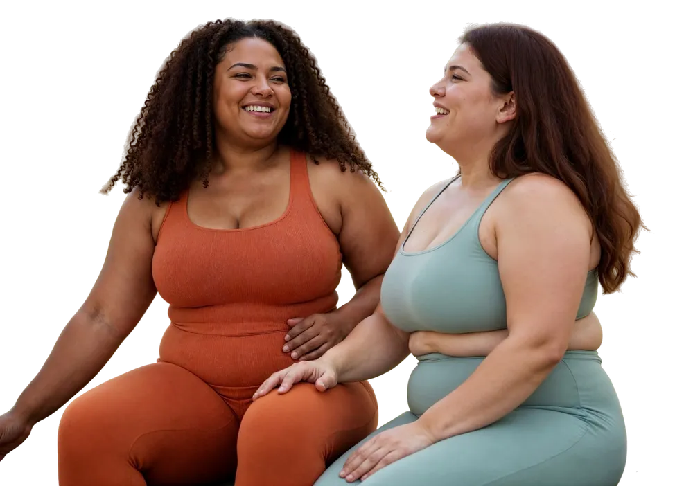 Two women laughing together outdoors after exercise